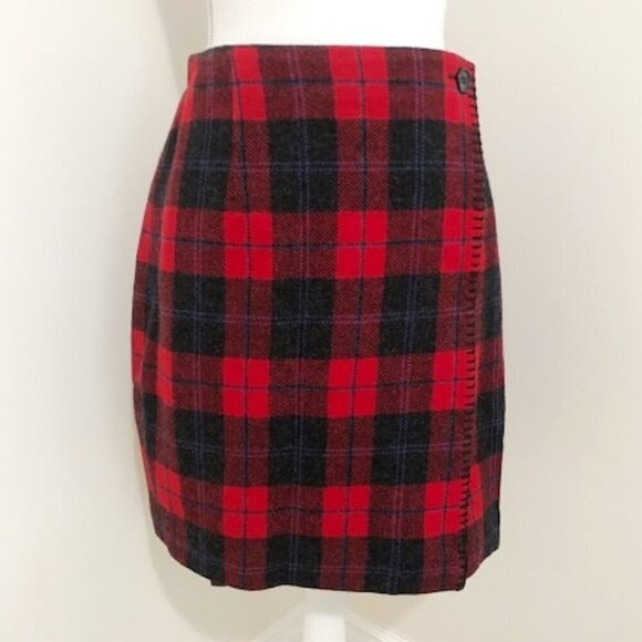 Talbots Petites Red Tartan Plaid Wool Blend Button Wrap Skirt Size 10P - Picture 2 of 8
